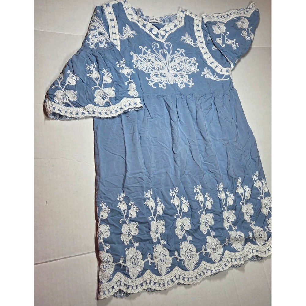 Ana & Rose Blue Embroidered Boho Mini Dress Bell Sleeve Crochet Lace Trim Large